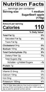 Nutition label for one SugarBee apple
